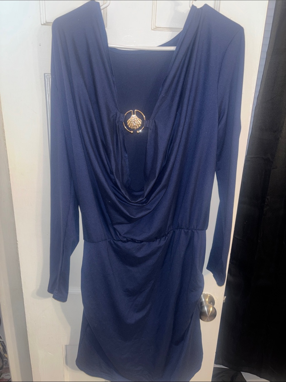 Navy Cowl Neck Long Sleeve Dress with Gold SeaShell Accent By SHEIN CURVY